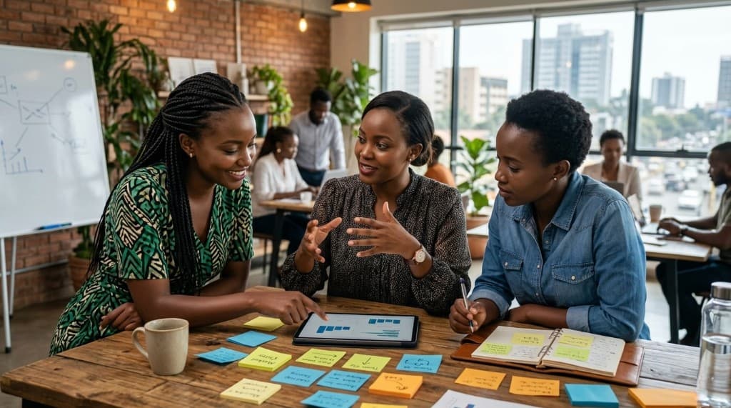 Young African founders collaborating during a Youth+ Africa workshop